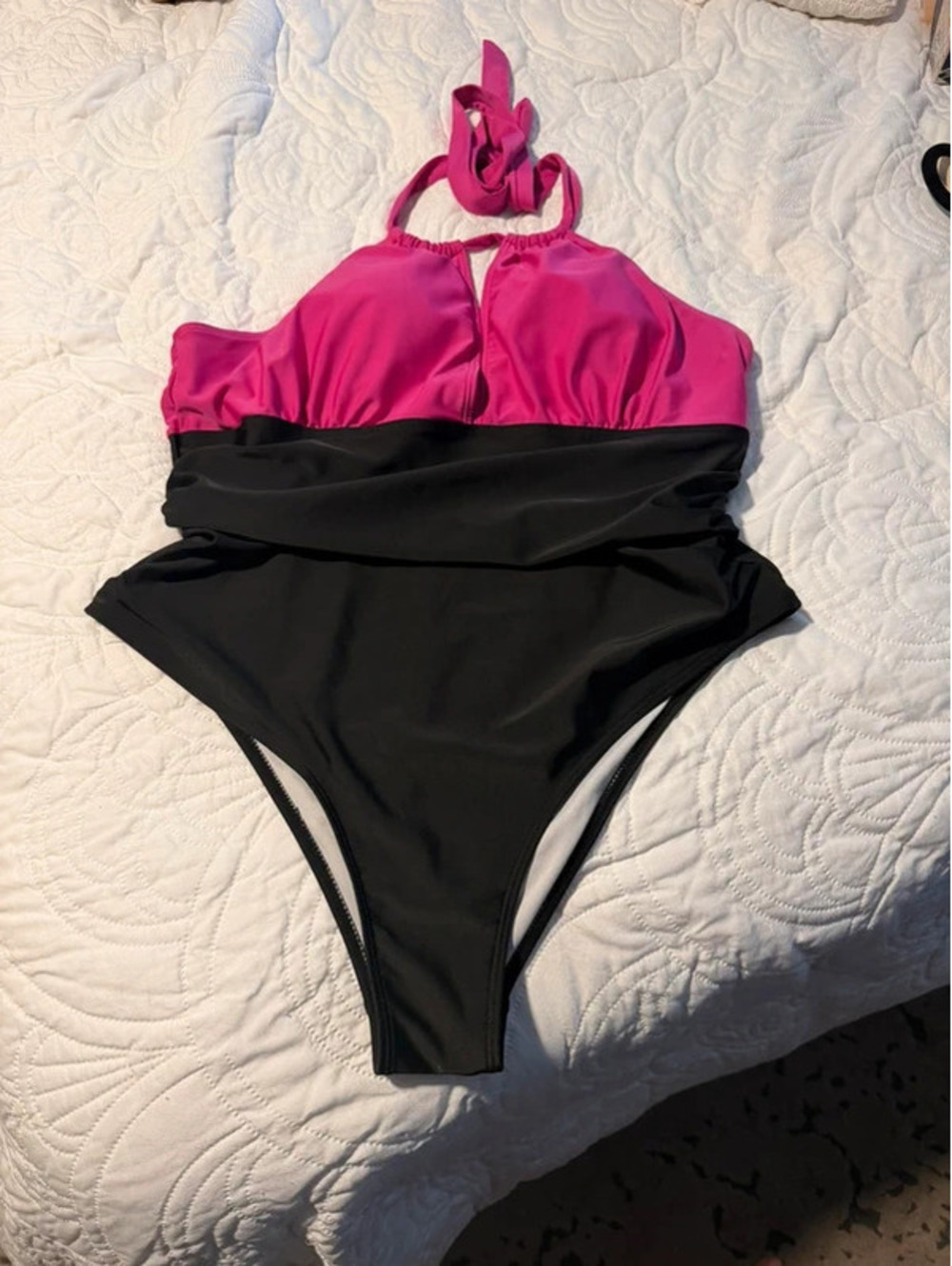 Woman Within Black and Pink Halter One-Piece Swimsuit (Size 24)